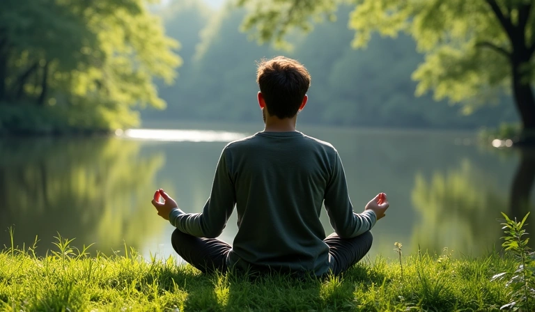 Spokojny mężczyzna medytujący w naturze, symbolizujący równowagę psychiczną.