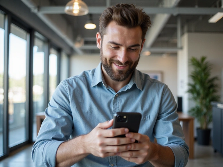 Mężczyzna z brodą korzystający z telefonu