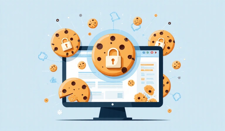 Grafika przedstawiająca pliki cookie i prywatność danych, z ikonami ciasteczek i tarcz ochronnych.